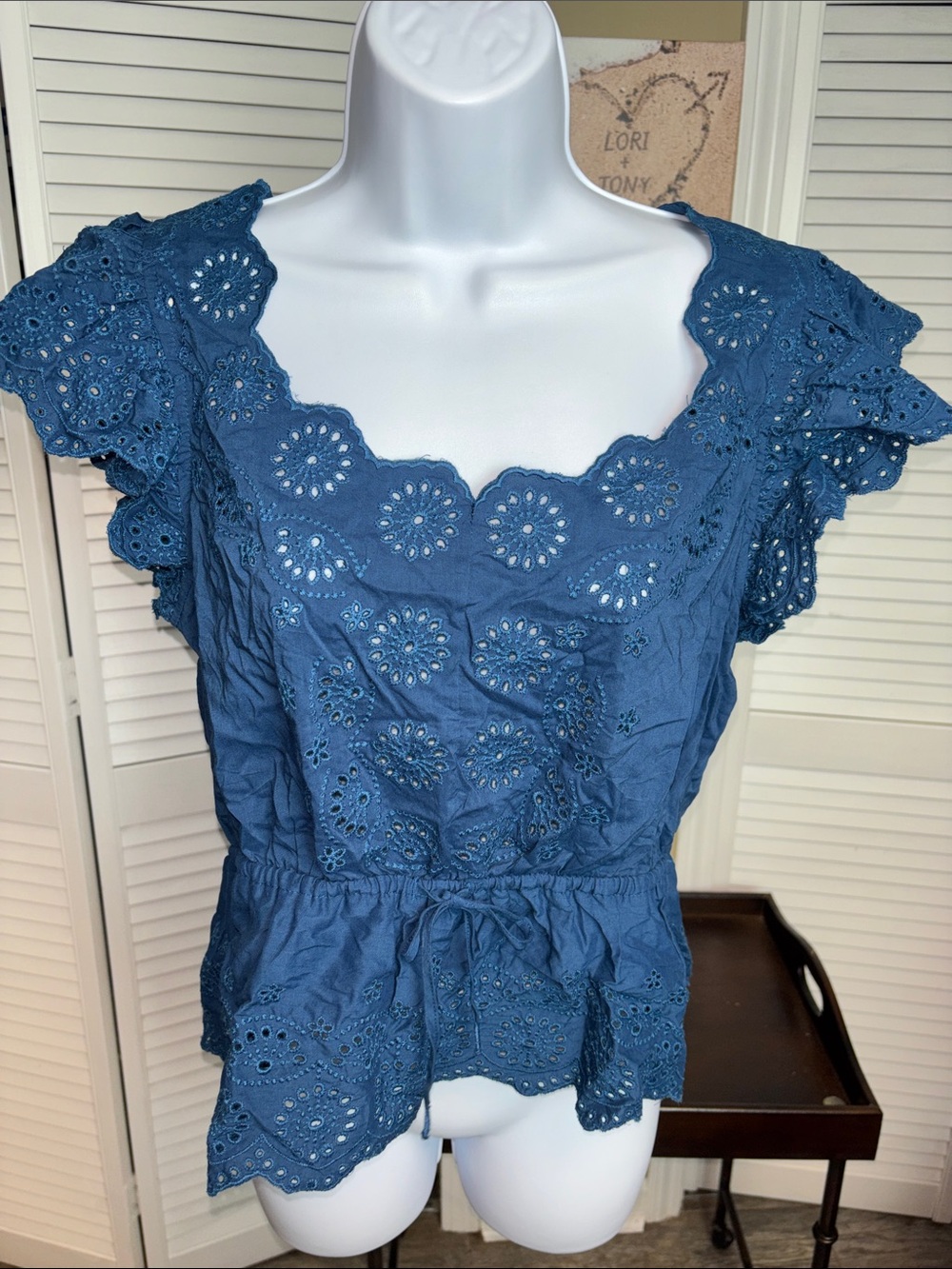 Democracy Blue Eyelet Peplum Flutter-Sleeve Top